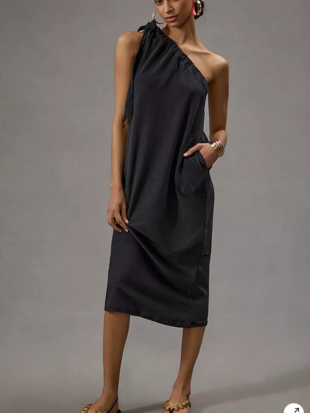 Anthropologie Daily PracticeOne-Shoulder Black Midi Dress with Pocket